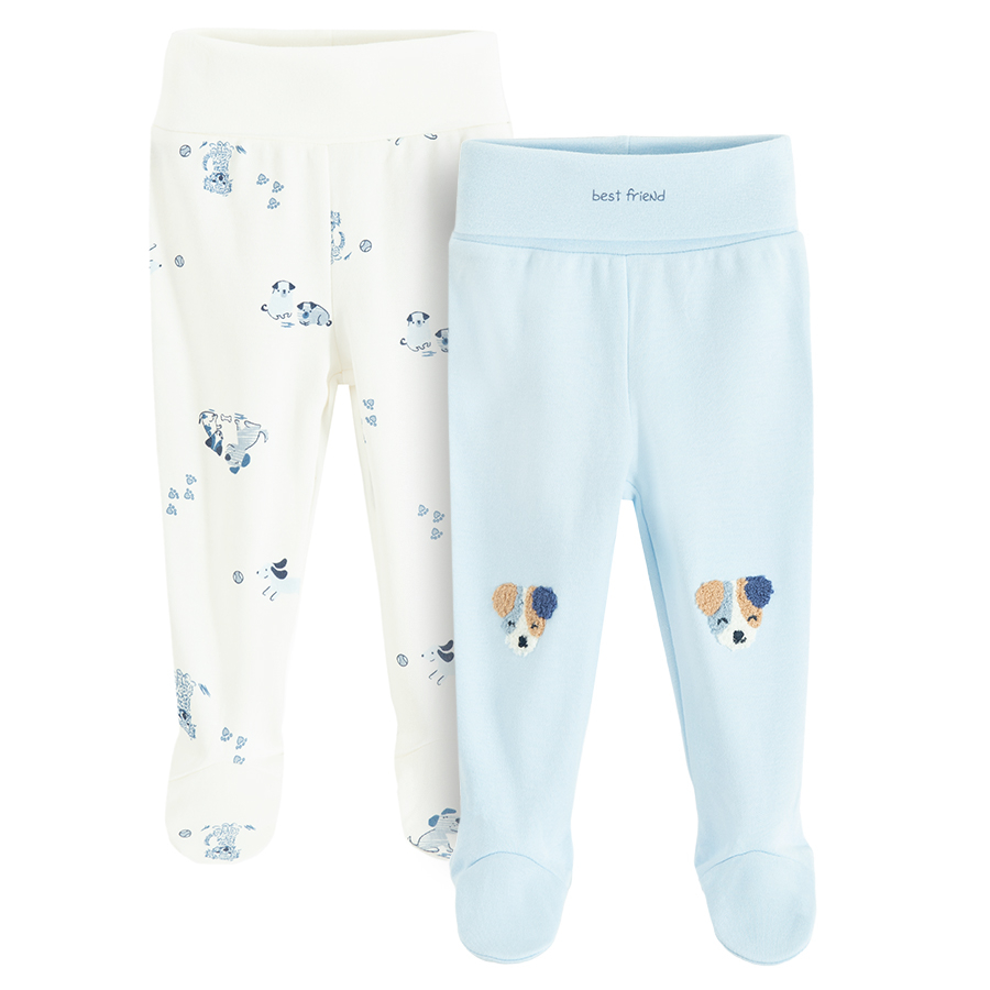 White and ecru footed leggings with dogs print- 2 pack