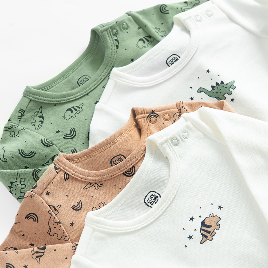 White, brown, green long sleeve bodysuits with dinosaurs print- 4 pack