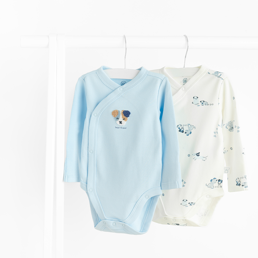 White and blue long sleeve cross body bodysuits with dogs print- 2 pack