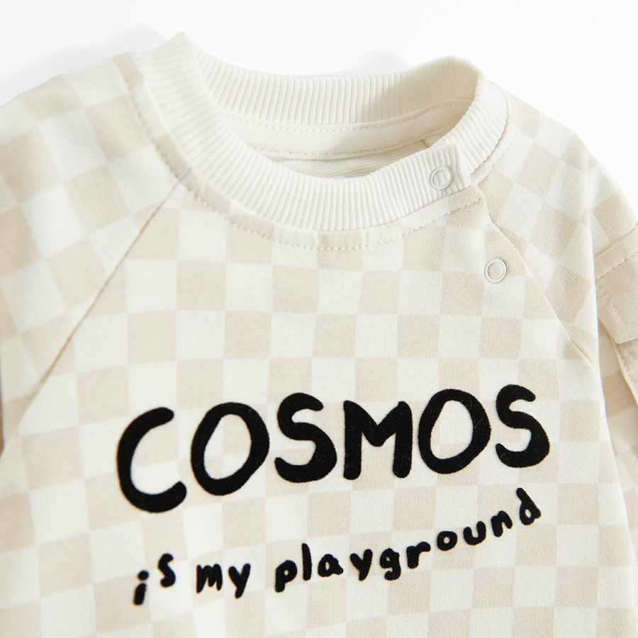 Ecru cheked sweatshirt with COSMOS is my playground print