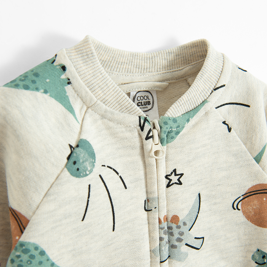 Ecru zip through sweatshirt with dinosaurs and planets print