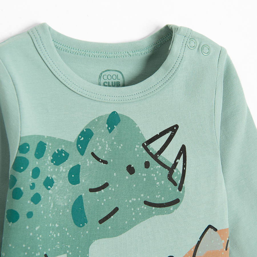 Green long sleeve bodysuit with dinosaurs print