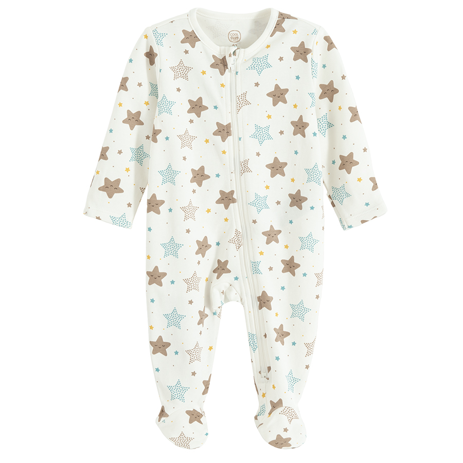 Ecru footed overall with stars print and side zipper