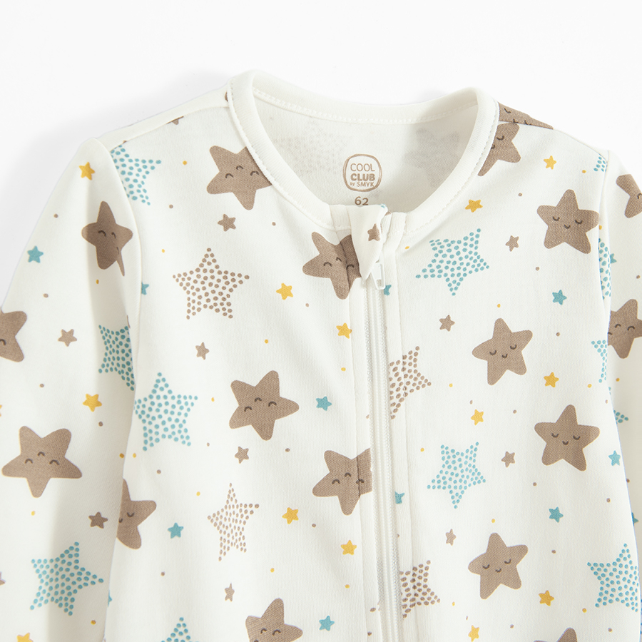 Ecru footed overall with stars print and side zipper