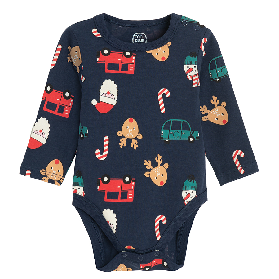 Blue long sleeve bodysuit with Xmas print