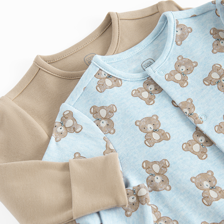 Brown and blue with bears print footed long sleeve overalls- 2 pack