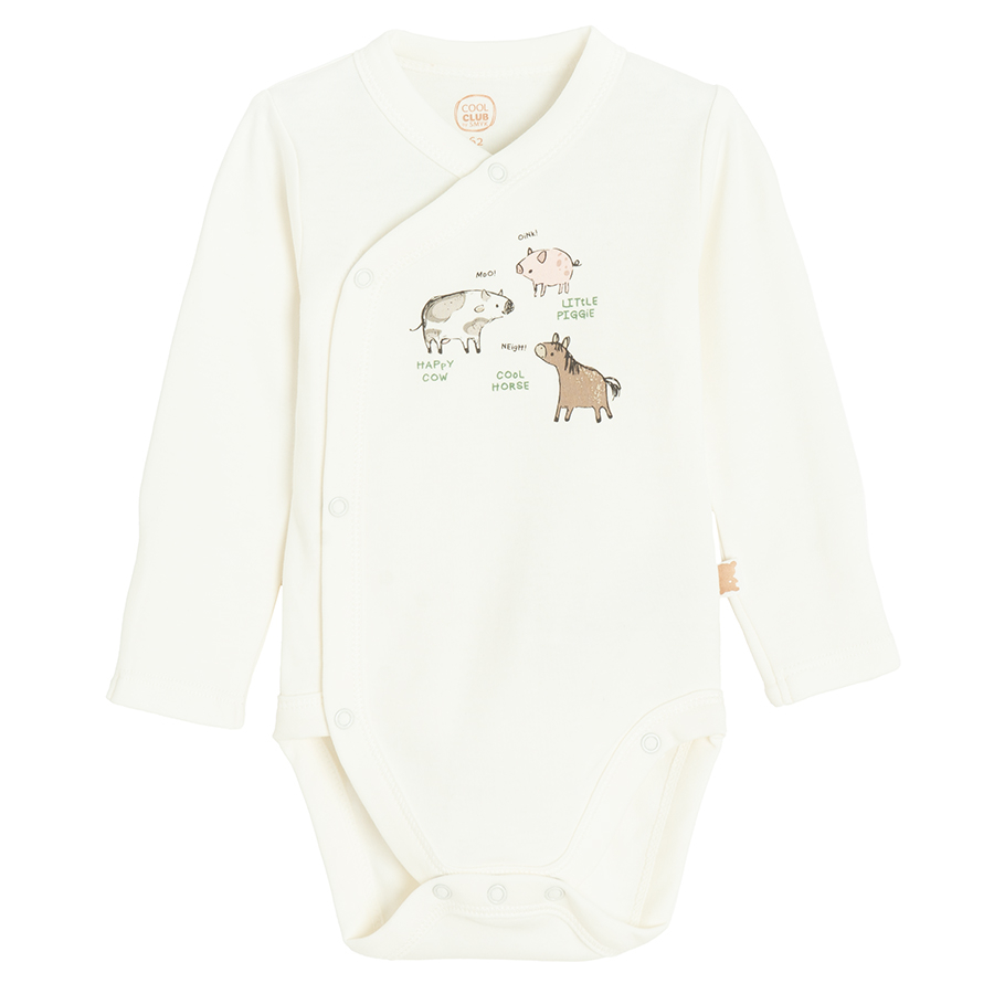 Ecru and brown long sleeve wrap bodysuits with farm animals- 2 pack