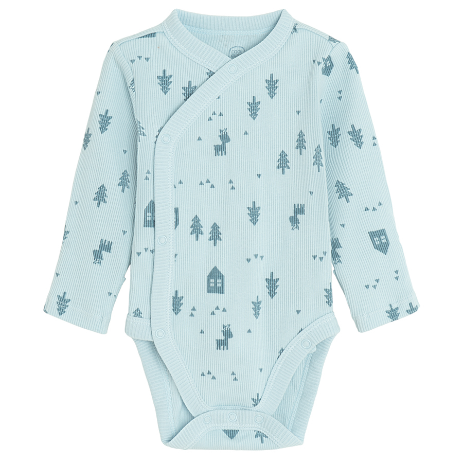 Ecru and blue festive wrap long sleeve bodysuits- 2 pack