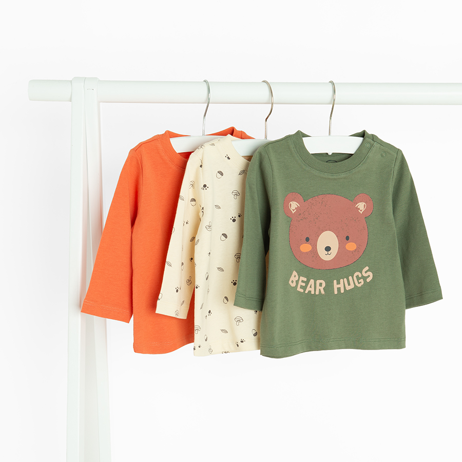 Orange, ecru and green long sleeve blouses with woods animals print