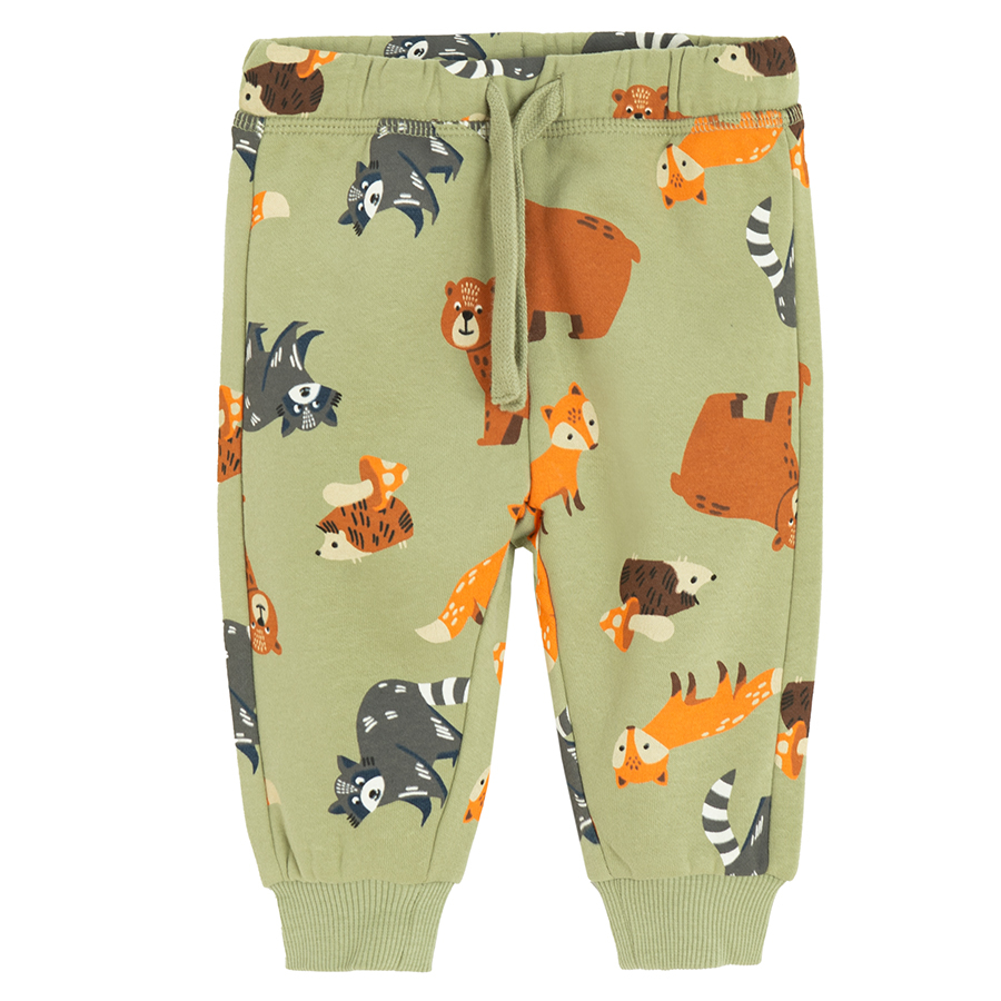 Beige long sleeve bodysuit with jogging pants with forest animals print- 2 pieces