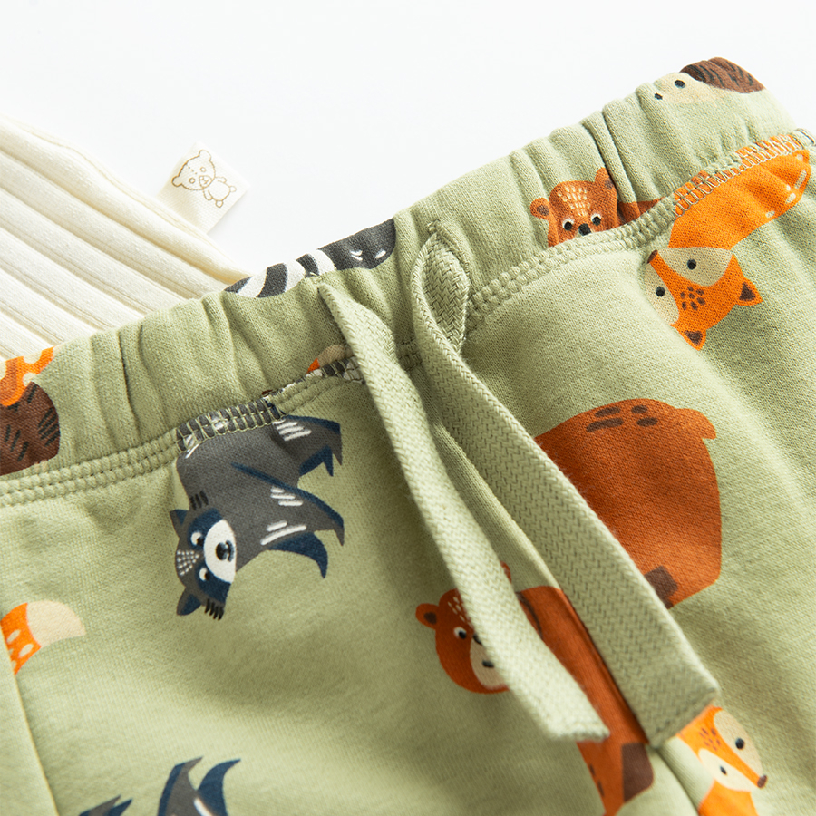 Beige long sleeve bodysuit with jogging pants with forest animals print- 2 pieces