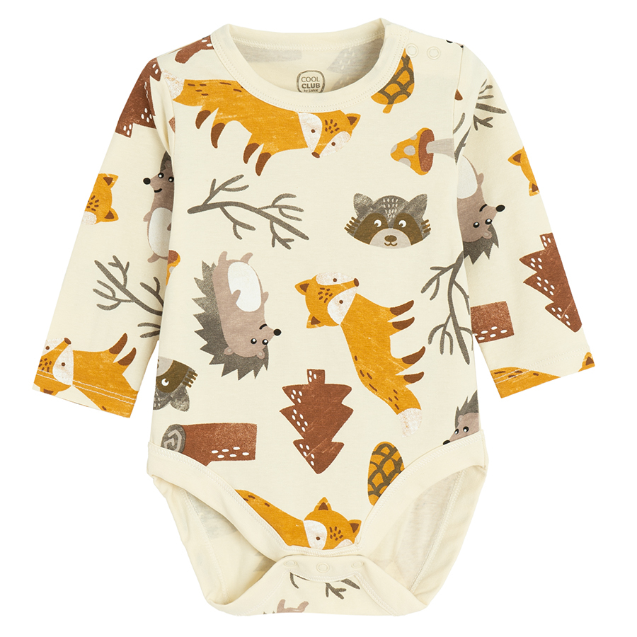 Blue and ecru with forest animals print long sleeve bodysuits - 2 pack