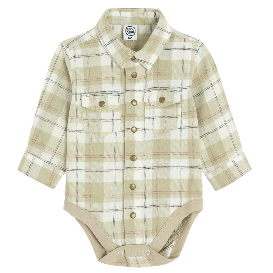 Checked long sleeve button down bodysuit