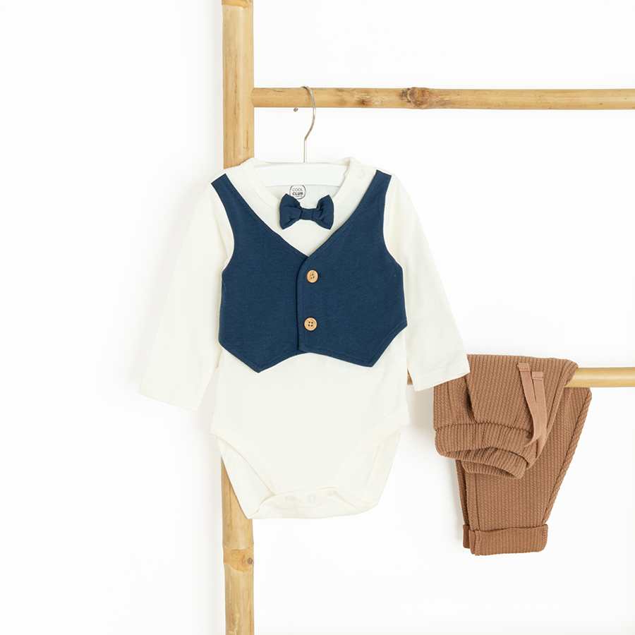 Checked long sleeve bodysuit with brown pants set - 2 pieces