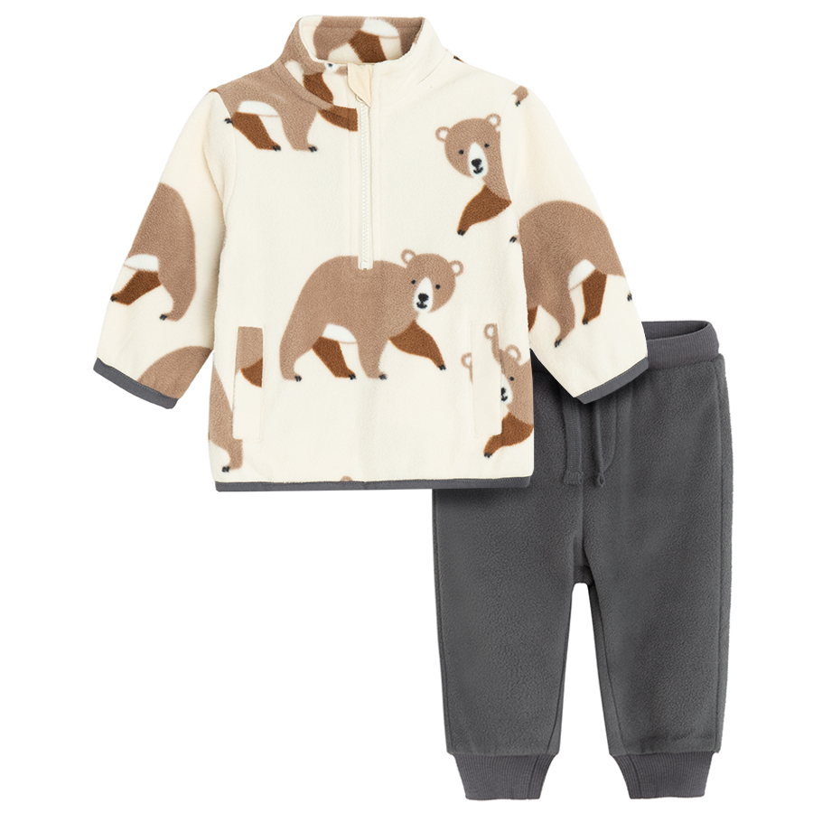 Ecru zip through sweatshirt with grey pants set