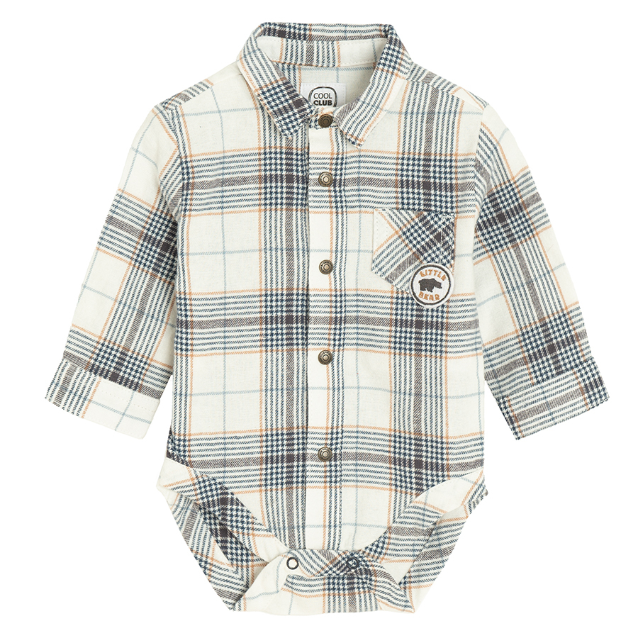 Checked long sleeve bodysuit with collar and chest pocket