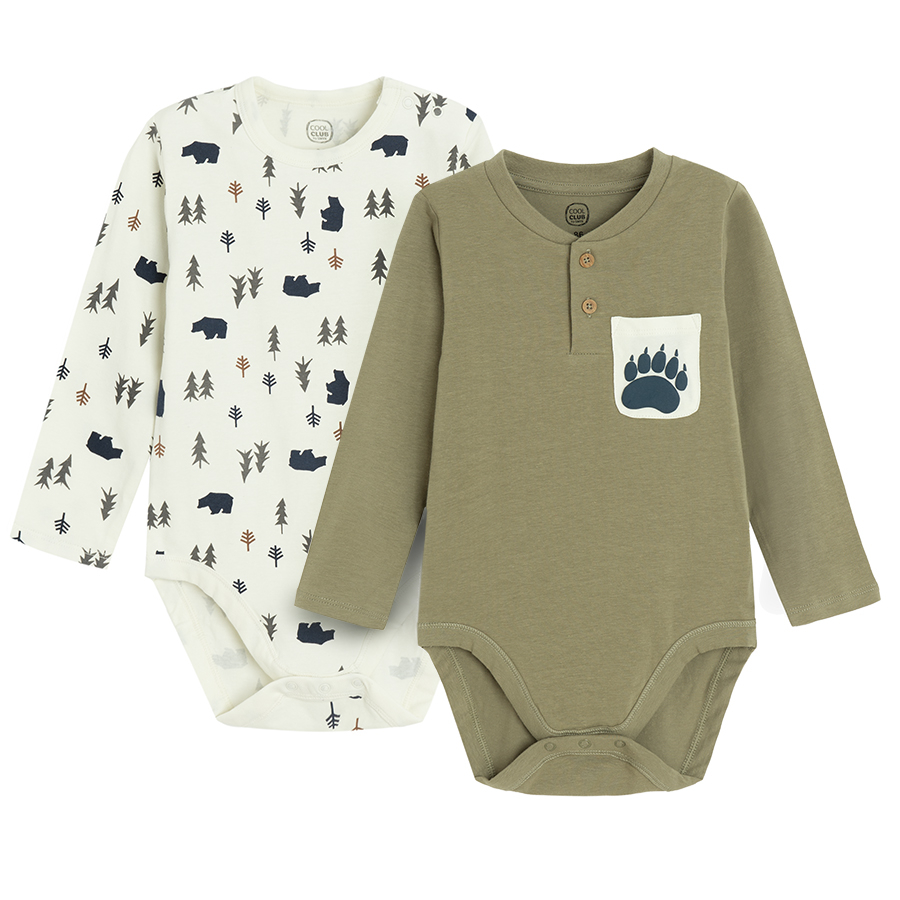 Ecru and green long sleeve bodsuits with forest print- 2 pack