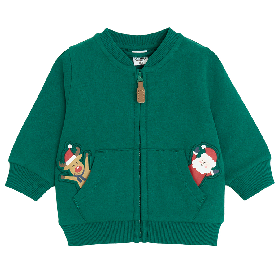 Green zip through sweatshirt with raindeer and Santa print