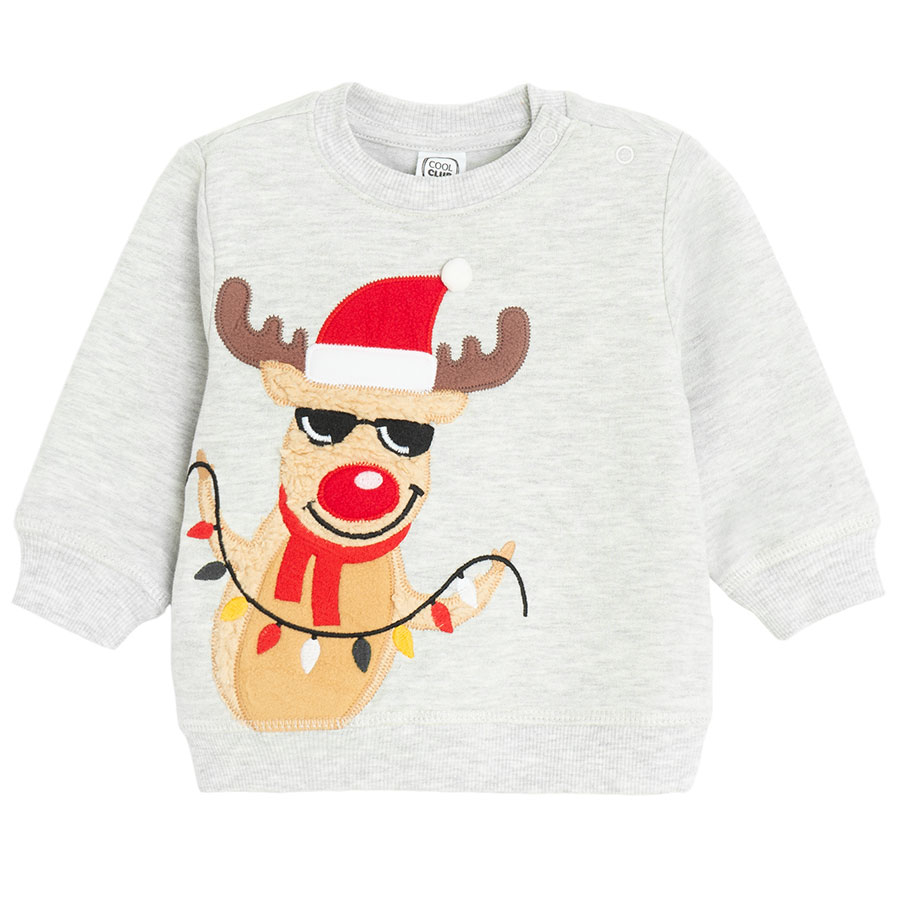 Grey sweatshirt with raindeer print and red jogging pants set