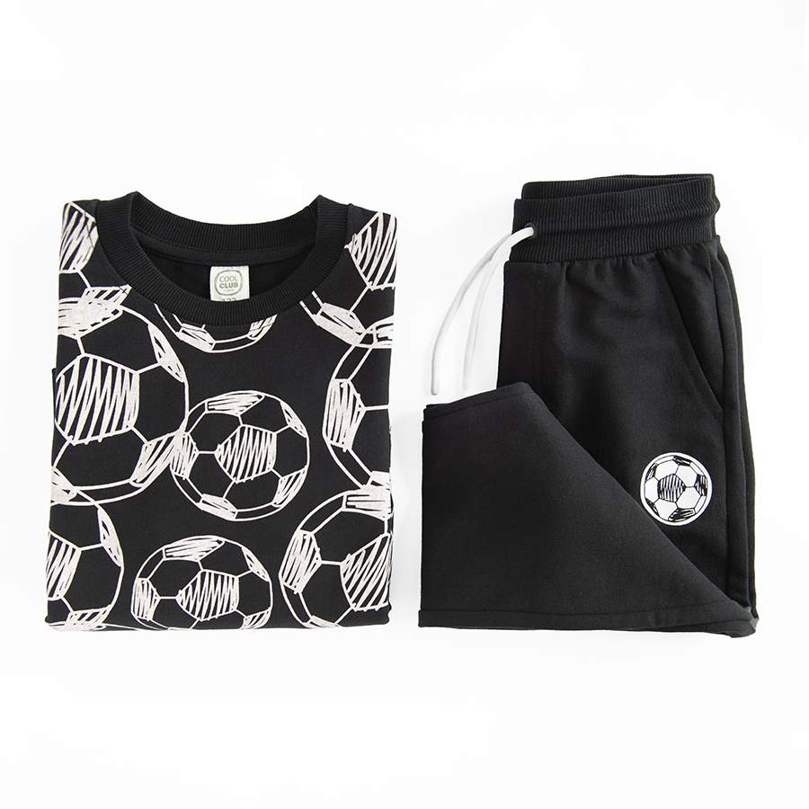 Black sweatshirt with soccer balls print and black jogging pants set- 2 pieces