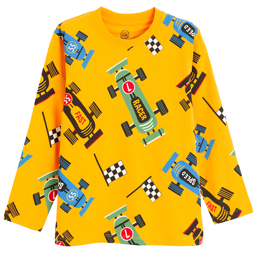 Yellow and green long sleeve blouses with Formula 1 print