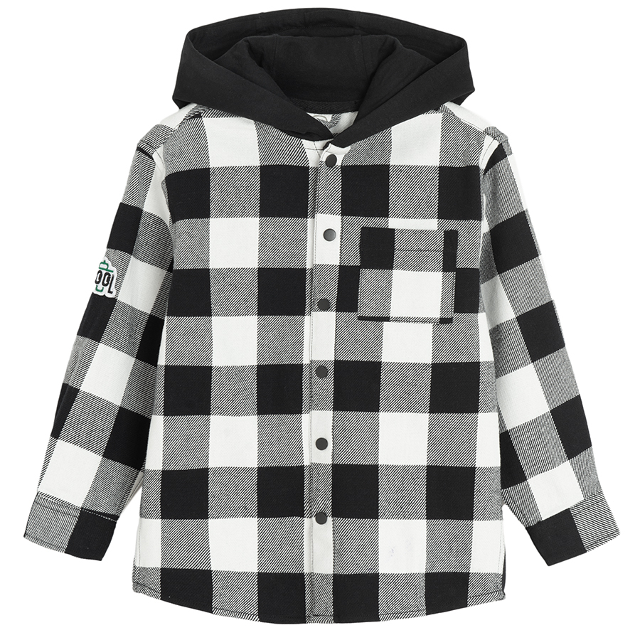 Black and white checked hooded shirt