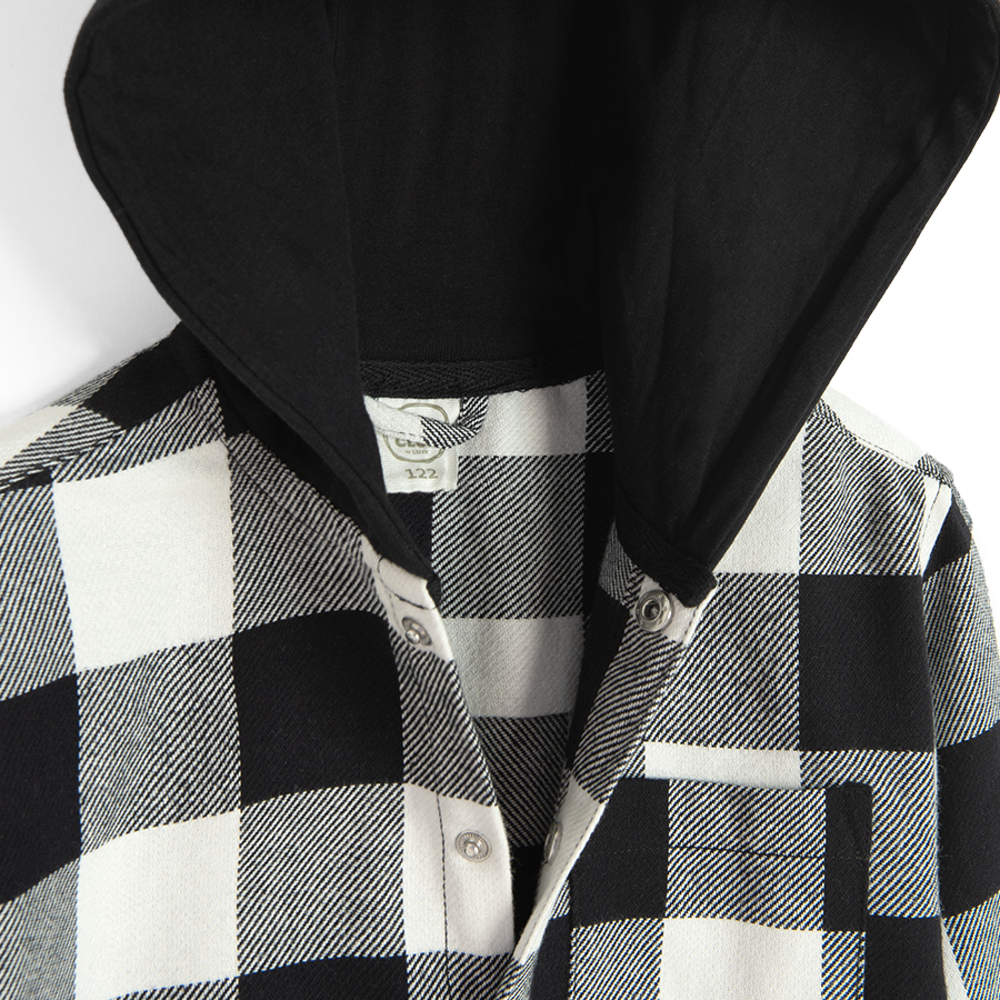 Black and white checked hooded shirt