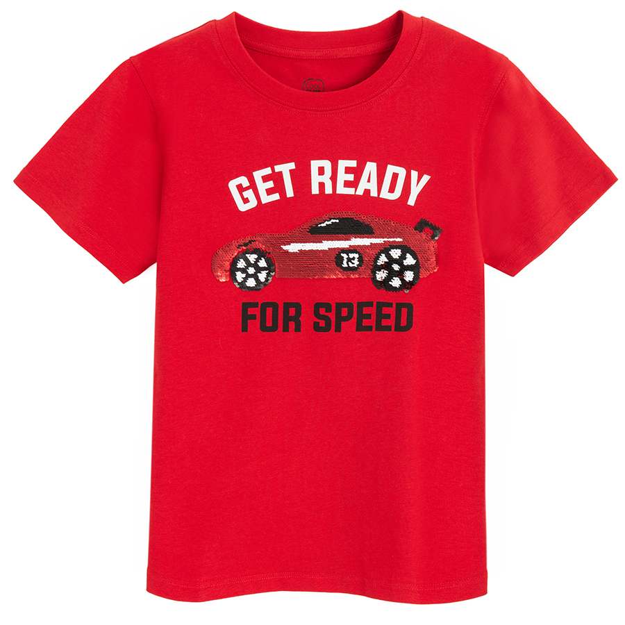 Red T-shirt with sports car and GET READY FOR SPEED print