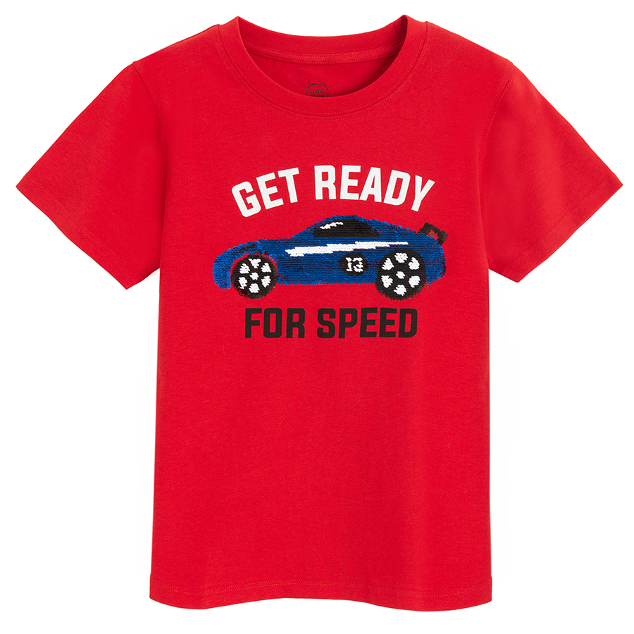 Red T-shirt with sports car and GET READY FOR SPEED print