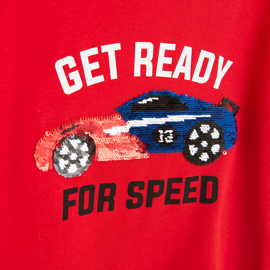 Red T-shirt with sports car and GET READY FOR SPEED print