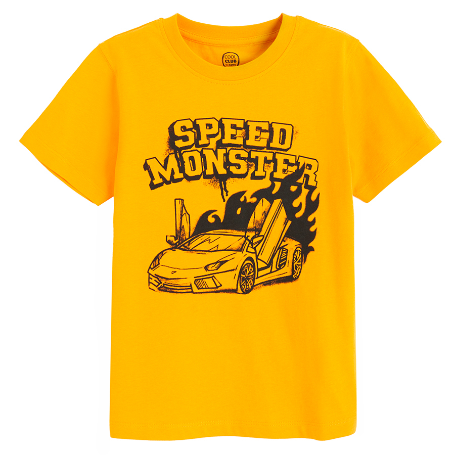 Yellow T-shirt with car and SPEED MONSTER print