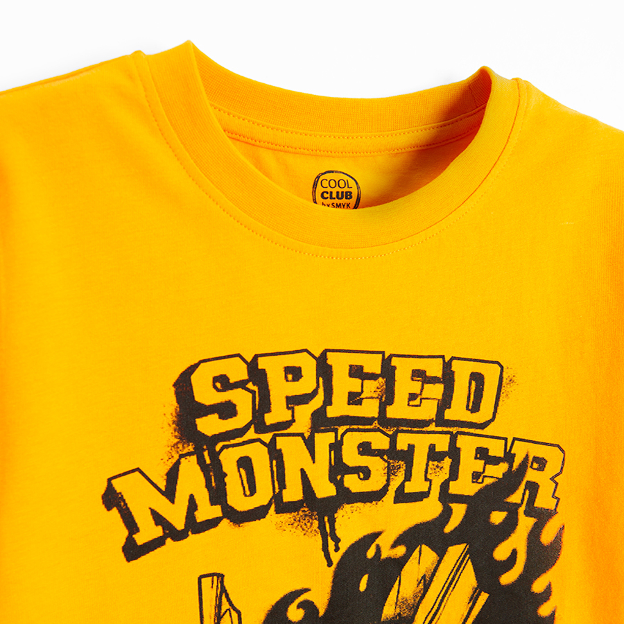 Yellow T-shirt with car and SPEED MONSTER print