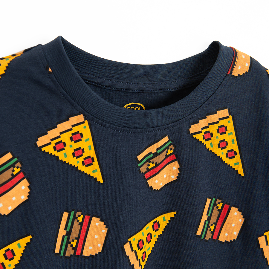 Blue T-shirt with pizza and burgers print