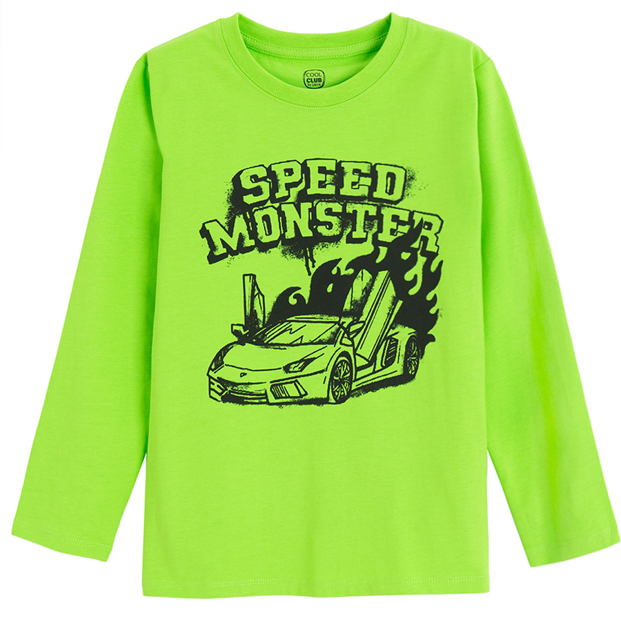 Lime long sleeve blouse with racing car and SPEED MONSTER print