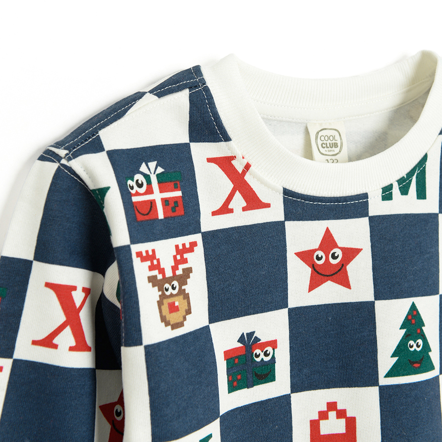 Blue and white chess board sweatshirt with Xmas print