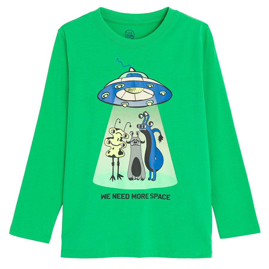 Green blouse with aliens and We need more space print