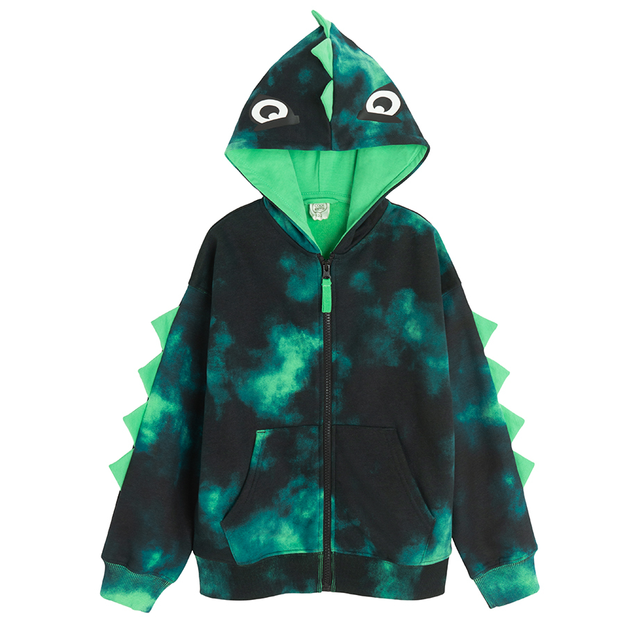 Green tie dye hooded zip through sweatshirt with dinosaurs scales