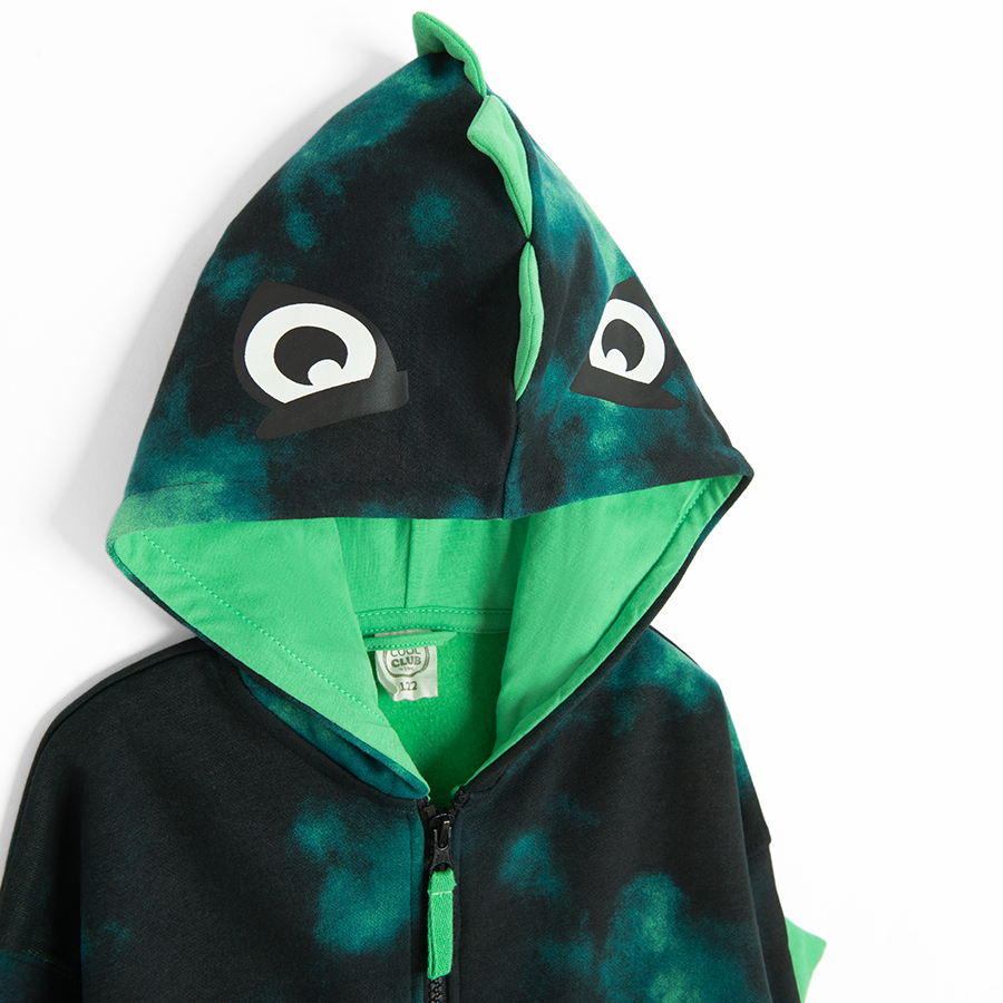 Green tie dye hooded zip through sweatshirt with dinosaurs scales