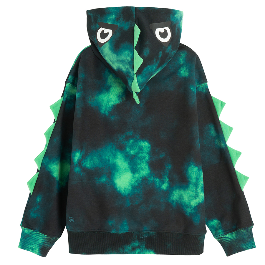 Green tie dye hooded zip through sweatshirt with dinosaurs scales