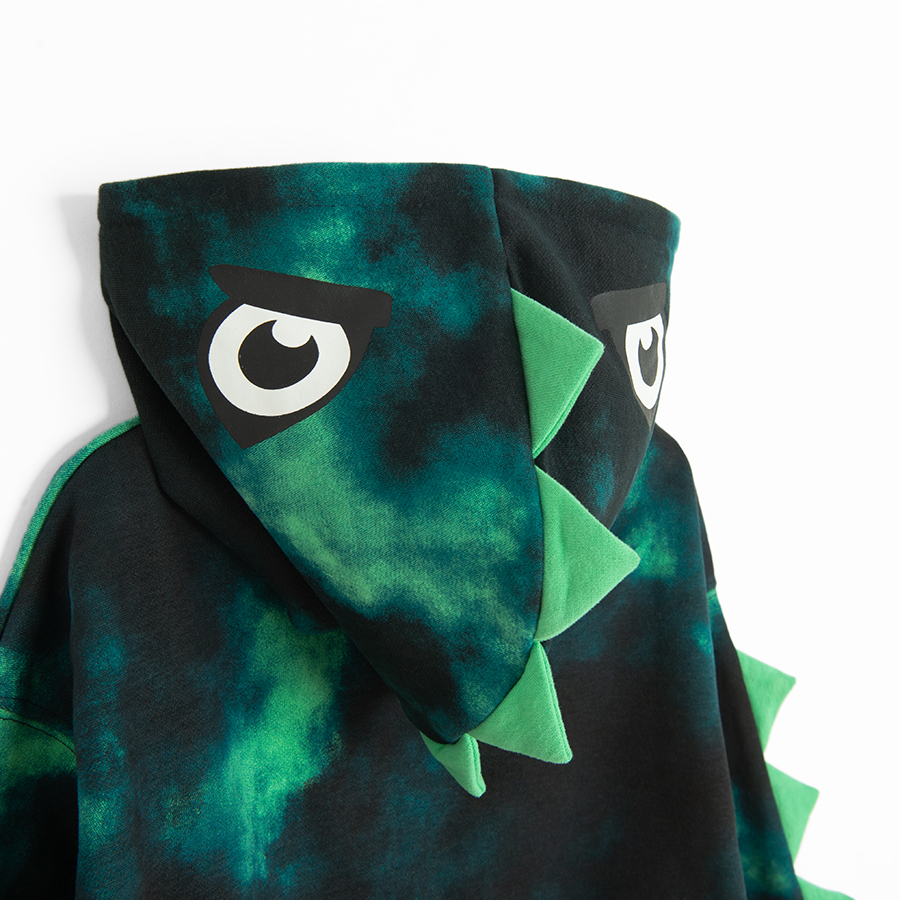 Green tie dye hooded zip through sweatshirt with dinosaurs scales