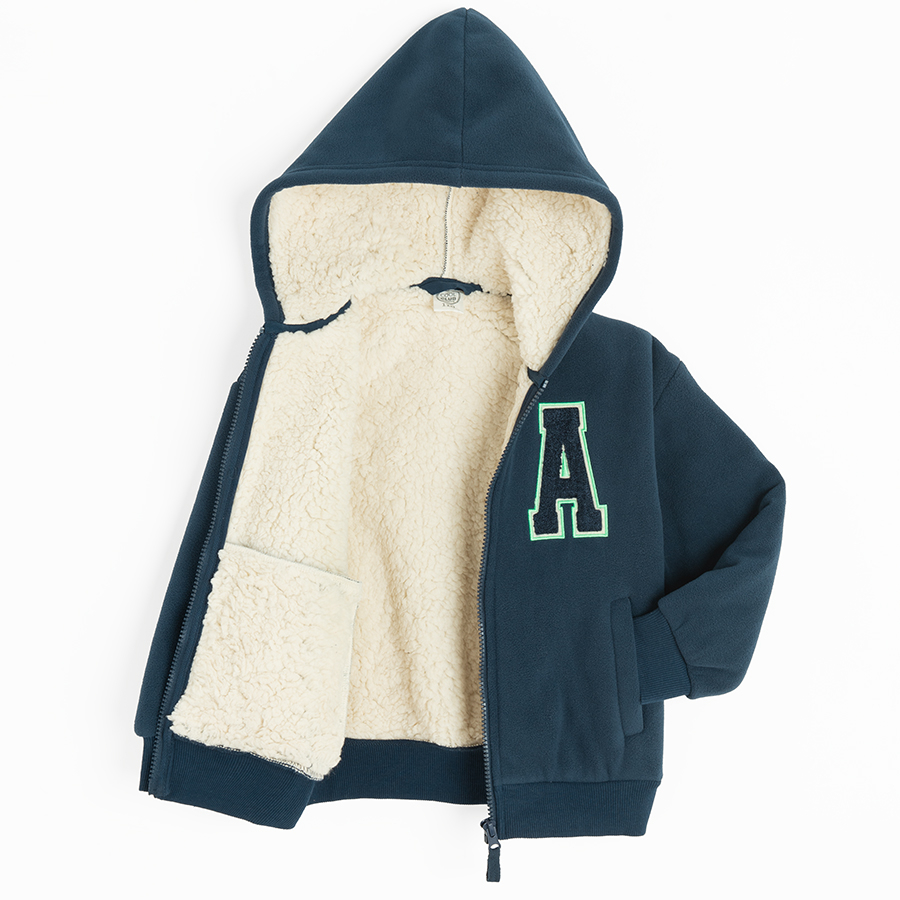 Blue hooded zip through sweatshirtp with A print