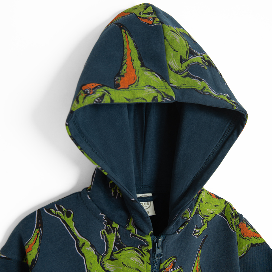 Blue zip through hooded sweatshirt with dinosaurs print