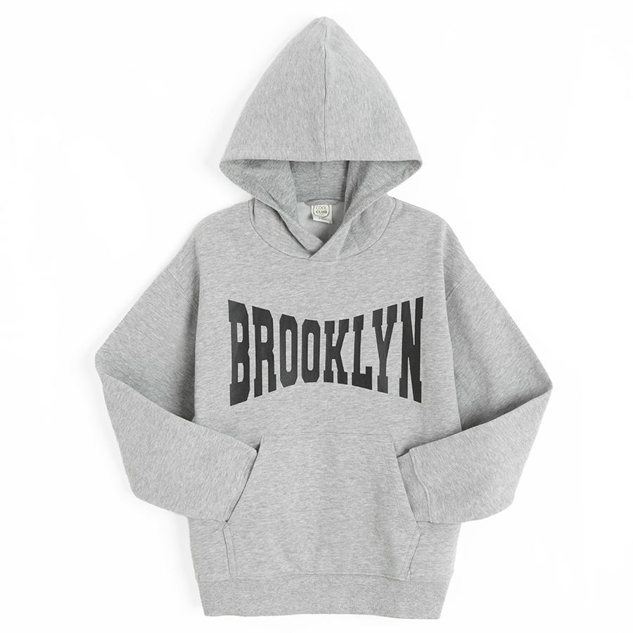 Grey hooded sweatshirt with BROOKLYN print