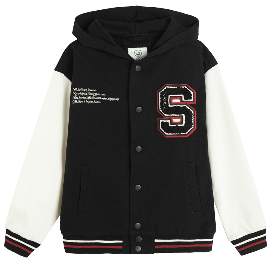 White and black buttons hooded sweatshirt with S letter print