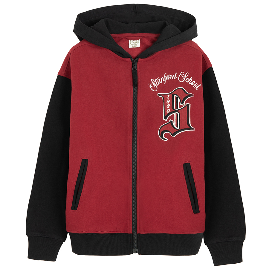 Red and black zip through hooded jacket with S print