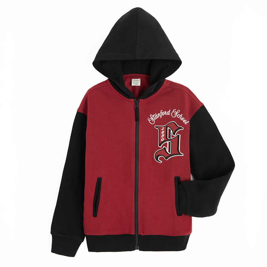 Red and black zip through hooded jacket with S print