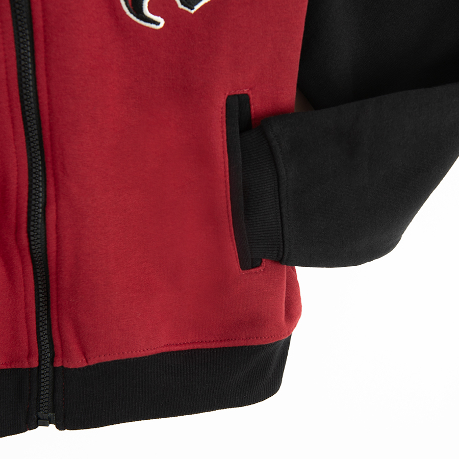 Red and black zip through hooded jacket with S print