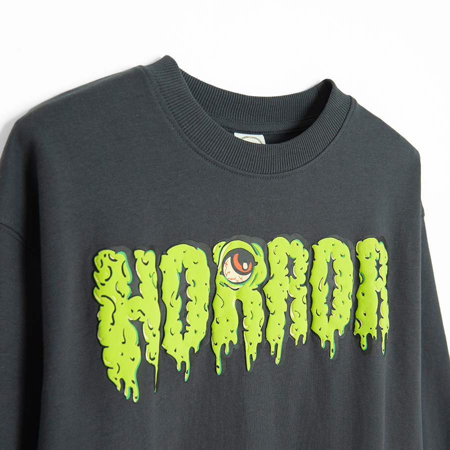 Blue grey sweatshirt with Halloween HORROR print