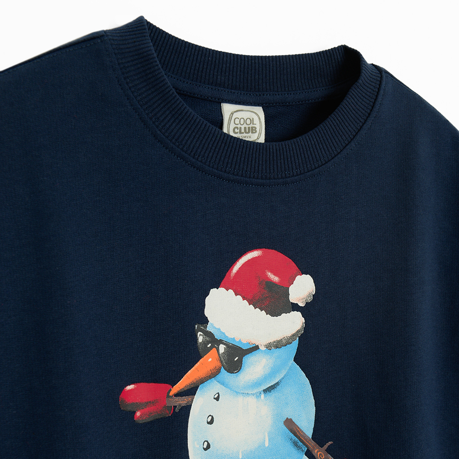 Blue sweatshirt with snowman with Santa's hat print