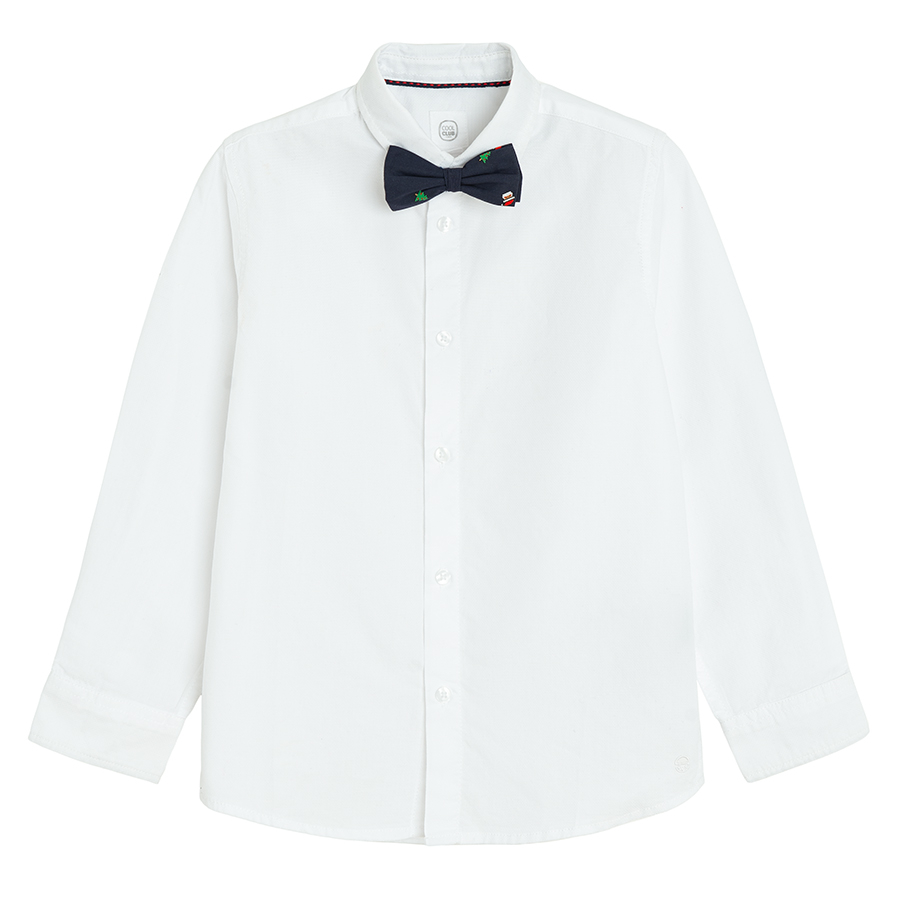 White long sleeve shirt with blue bow tie